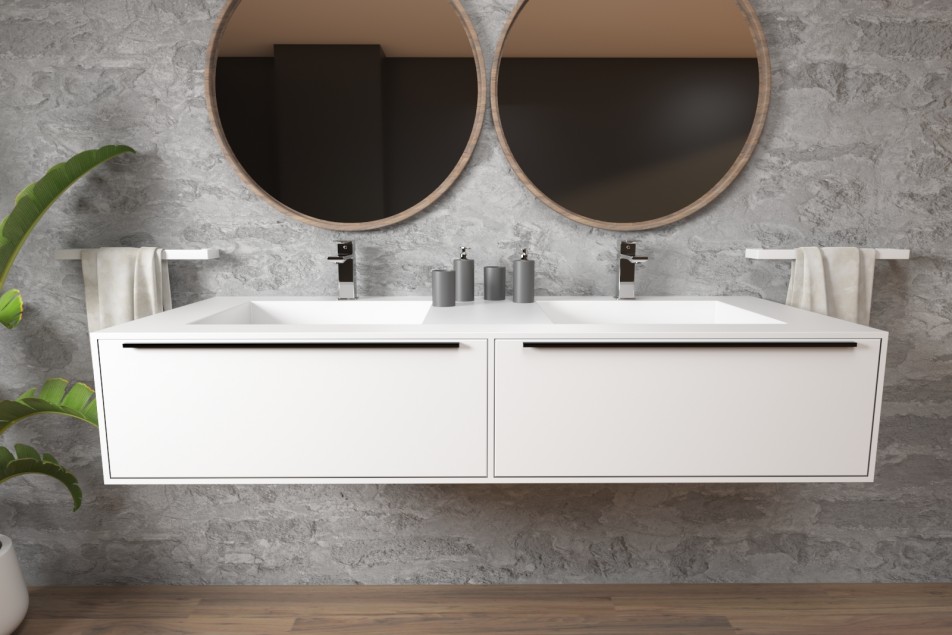 HOEDIC double washbasin unit with two drawers with Corian® handle front view
