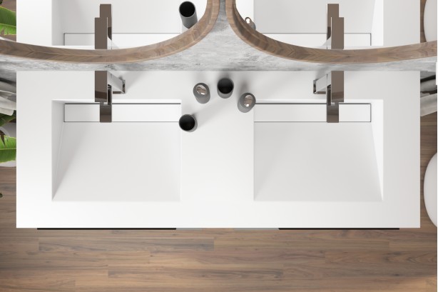 Meuble HOEDIC double vasque avec deux tiroirs avec poignée en Corian® vue de dessus
