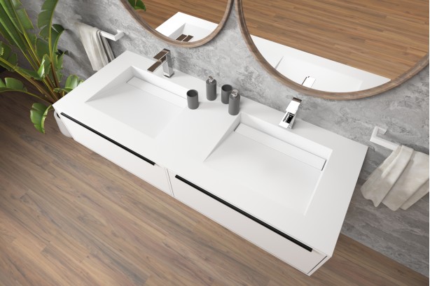 HOEDIC double washbasin unit with two drawers with Corian® handle side view