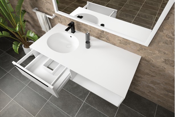 BERNIER double washbasin unit with an open drawer with handle, a niche in Corian® seen from the side