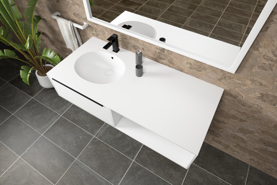 BERNIER double washbasin unit with one drawer with handle, one niche in Corian® side view