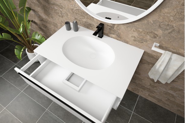 BERNIER single washbasin unit with one open drawer with Corian® handle side view