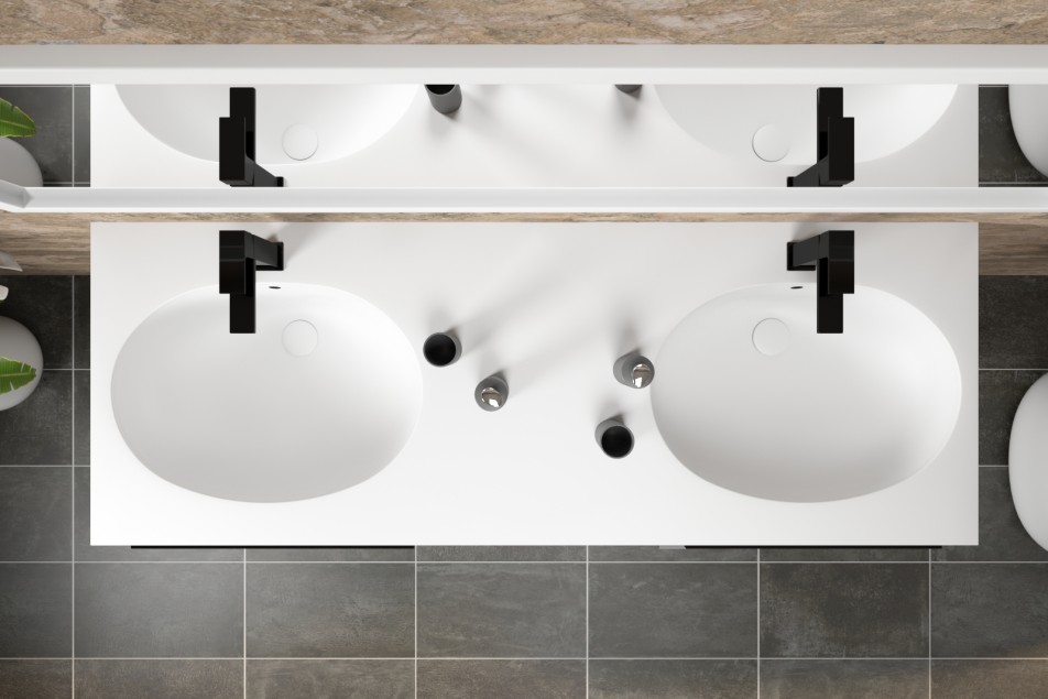 Meuble BERNIER double vasque avec deux tiroirs avec poignée, une niche en Corian® vue de dessus