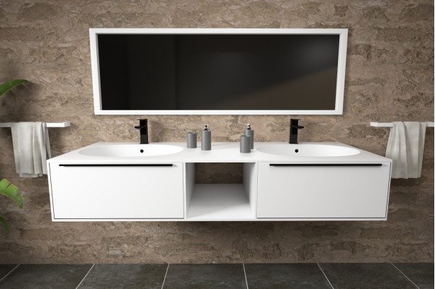 BERNIER double washbasin unit with two drawers with handle, one niche in Corian® front view