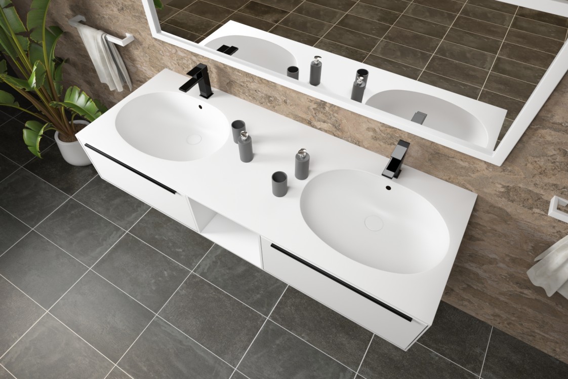 BERNIER double washbasin unit with two drawers with handle, one niche in Corian® side view