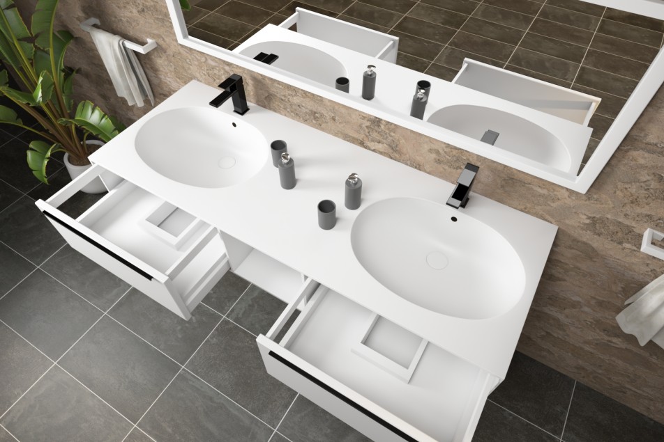 BERNIER double washbasin unit with two open drawers with handle, one niche in Corian® side view