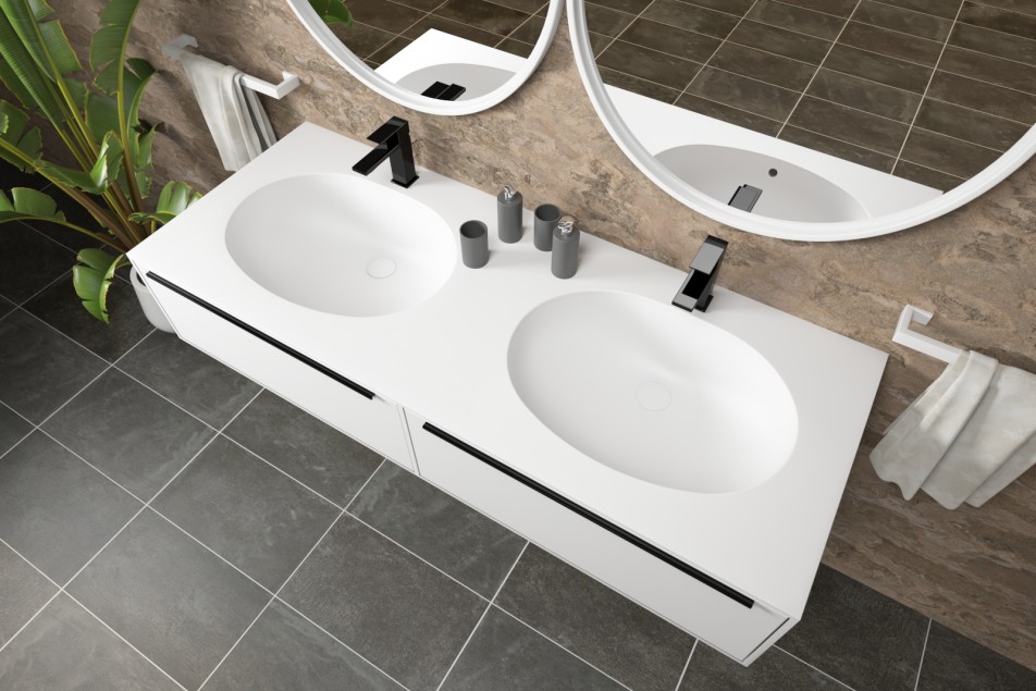 BERNIER double washbasin unit with two drawers with Corian® handle side view