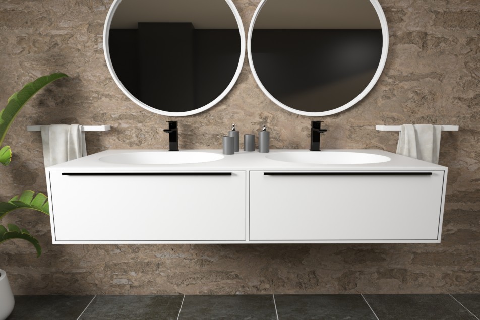 BERNIER double washbasin unit with two drawers with Corian® handle front view