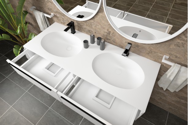 BERNIER double washbasin unit with two open drawers with Corian® handle side view