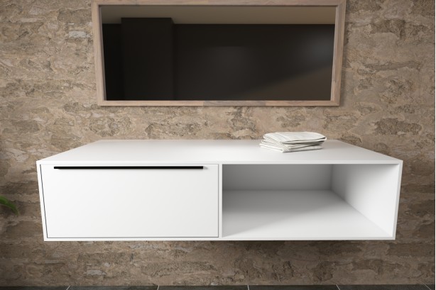 Wall-hung furniture with a drawer with a handle, a niche in Corian® side view