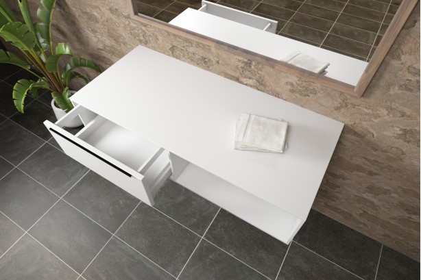 Wall-hung furniture with an open drawer with a handle, a niche in Corian® side view
