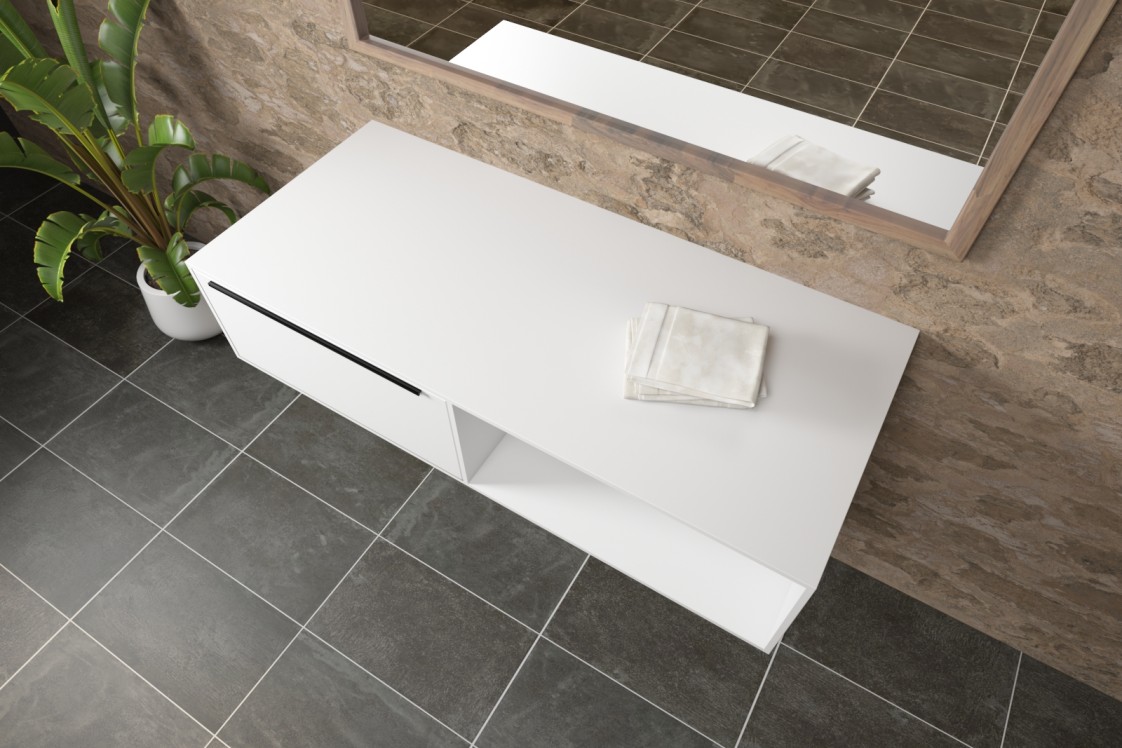 Wall-hung furniture with a drawer with a handle, a niche in Corian® side view