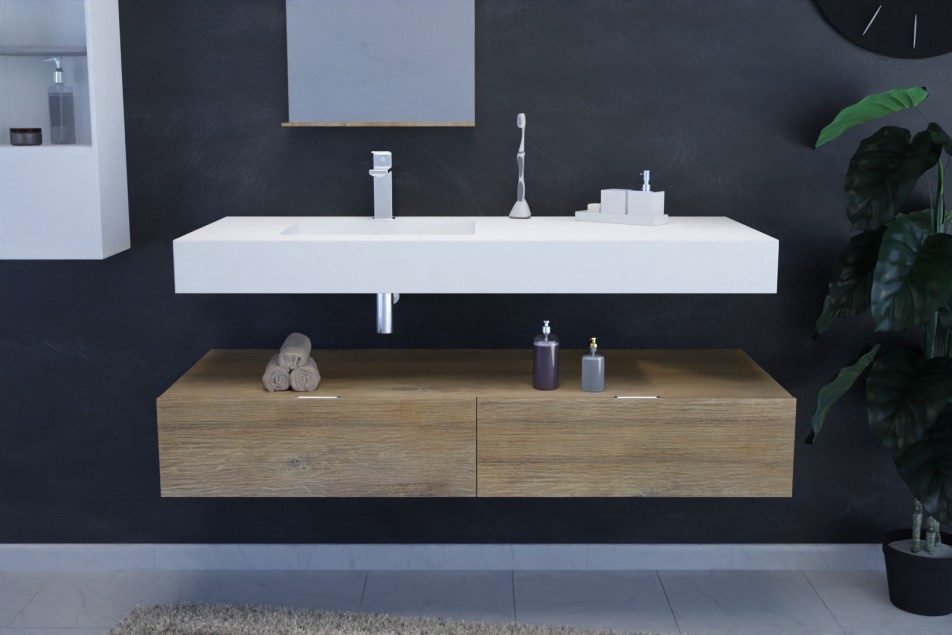 White KRION® NATURAL single left sink unit front view