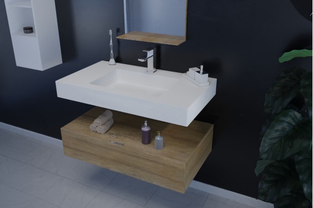 White KRION® NATURAL single central sink unit side view