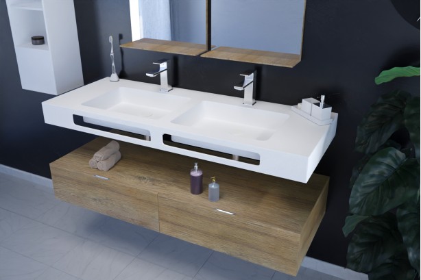 White KRION® NATURAL double sink with towel rail side view