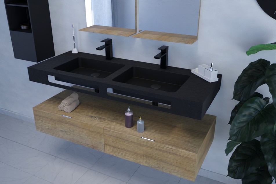 Black KRION® NATURAL double sink with towel rail side view