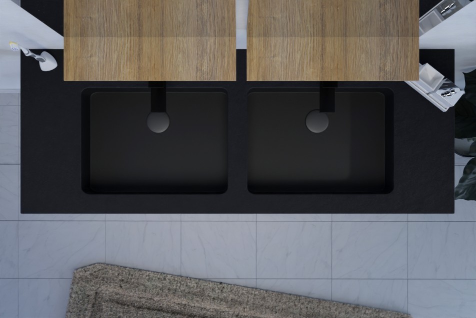 Black KRION® NATURAL double sink with towel rail top view