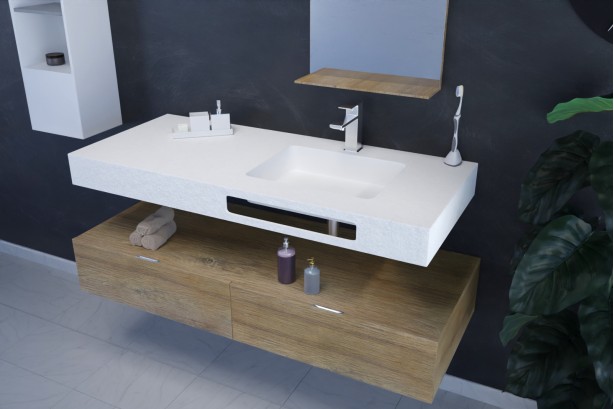 White KRION® NATURAL single right sink unit with towel rail side view