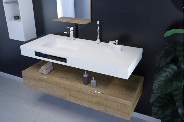 White KRION® NATURAL single left sink unit with towel rail side view