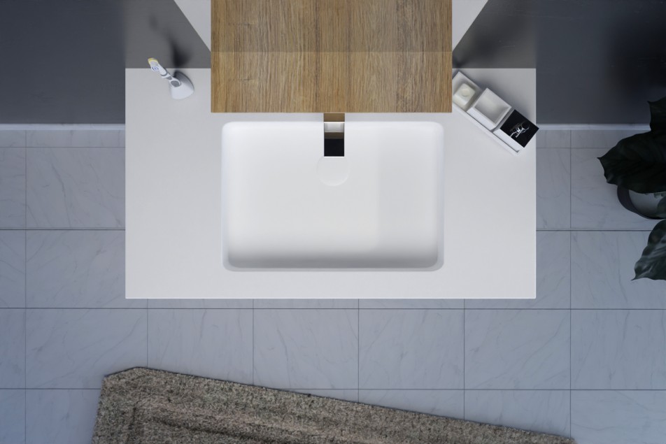Plan vasque blanc central KRION® simple NATURAL avec porte-serviette vue de dessus
