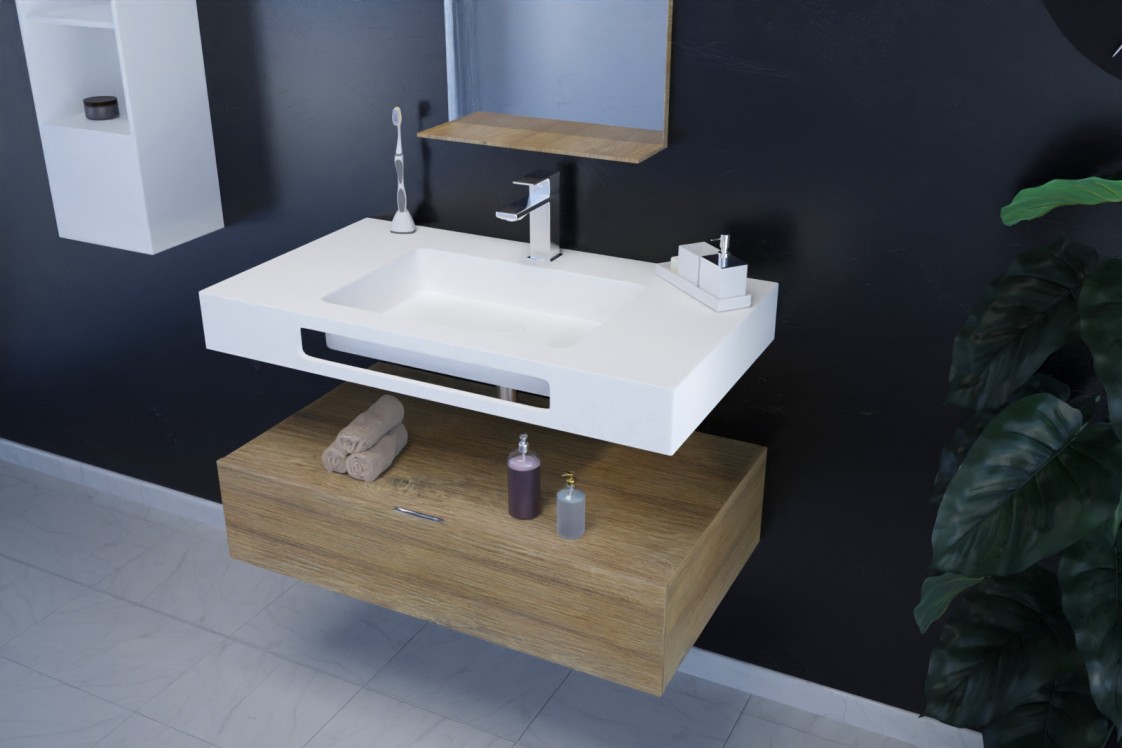 White KRION® NATURAL single central sink unit with towel rail side view