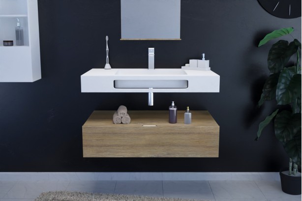 White KRION® NATURAL single central sink unit with towel rail front view