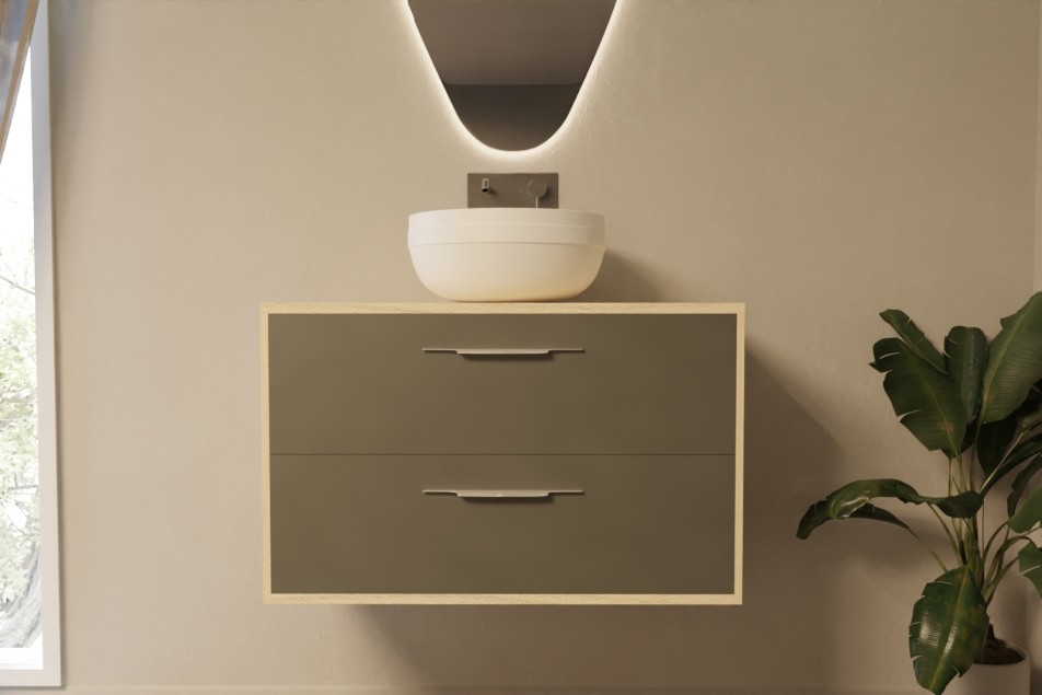 Equilibre 90 single washbasin unit in Opale Amazonie with profiled handle front view