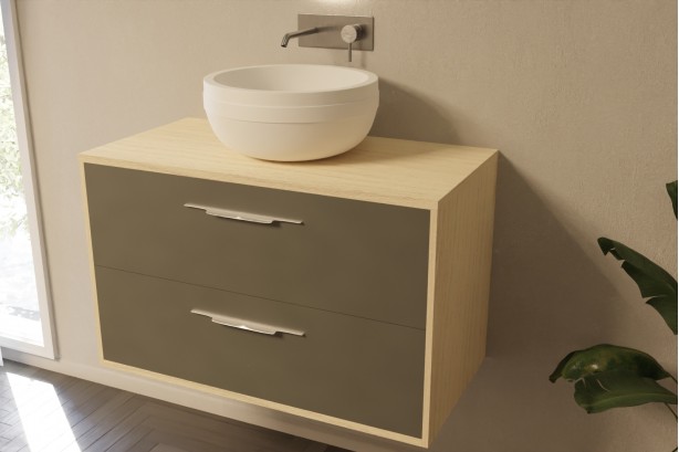 Equilibre 90 single washbasin unit in Opale Amazonie with profiled handle front view