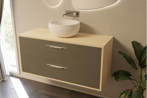 Equilibre 120 single washbasin unit in Opale Amazonie with profile handle side view