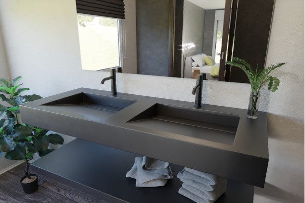 Black metal Krion® double washbasin HOEDIC side view