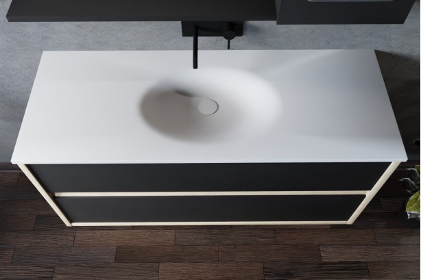 Meuble Esquisse 120 caisson chêne simple vasque PERLE blanche, façade noir sans pied vue de côté
