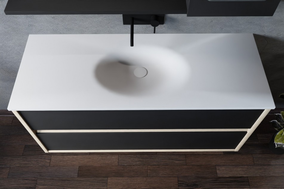 Meuble Esquisse 120 caisson chêne simple vasque PERLE blanche, façade noir sans pied vue de dessus