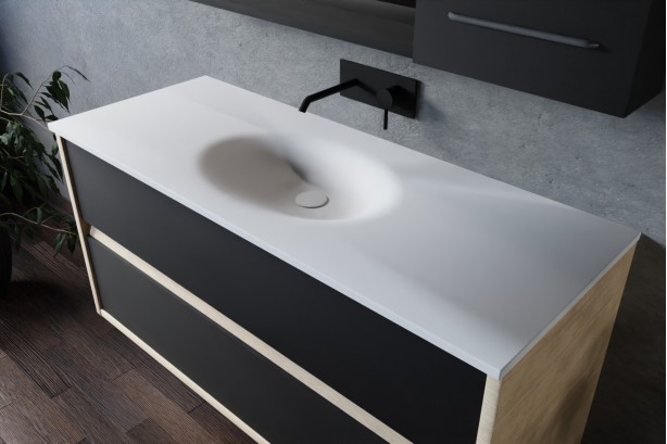 Esquisse 120 oak single washbasin unit PERLE white, front black without foot, plunging view