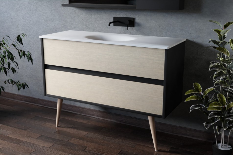 Esquisse 120 black single washbasin unit PERLE white, front oak with foot, side view