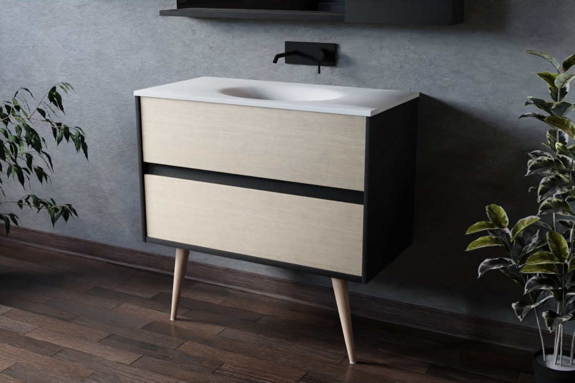 Esquisse 90 black single washbasin PERLE white, light oak front with foot, side view