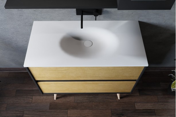 Esquisse 90 black single washbasin PERLE white, light oak front with foot, side view
