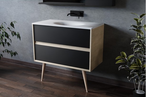 Esquisse 90 oak single washbasin PERLE white, black front with foot, side view