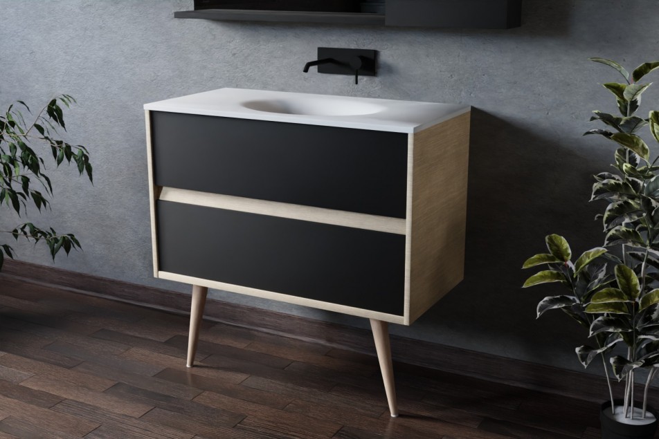 Esquisse 90 oak single washbasin PERLE white, black front with foot, side view