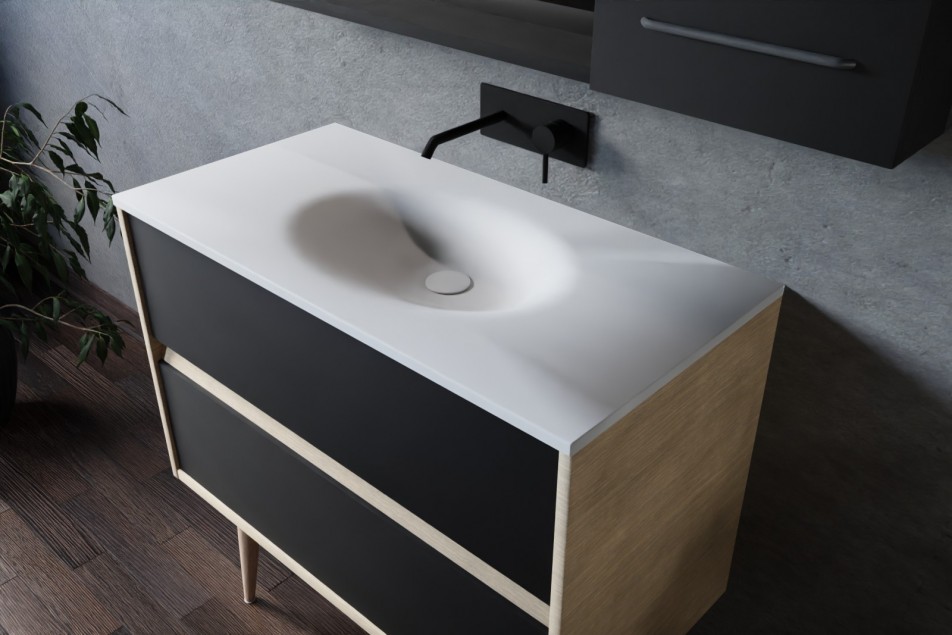 Esquisse 90 oak single washbasin PERLE white, black front with foot, plunging view
