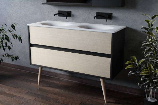 Esquisse 120 black double washbasin PERLE white, light oak front with foot, side view