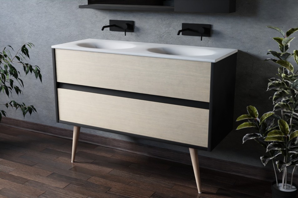 Esquisse 120 black double washbasin PERLE white, light oak front with foot, side view