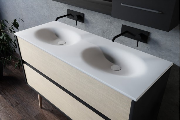 Esquisse 120 black double washbasin PERLE white, light oak front with foot, plunging view