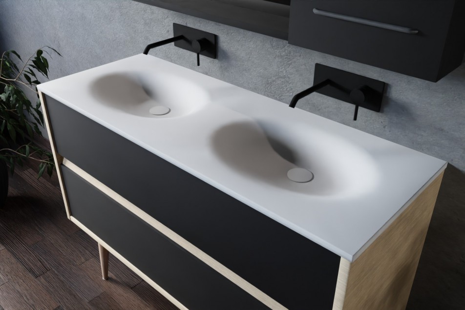 Esquisse 120 oak double washbasin PERLE white, black front with foot, plunging view