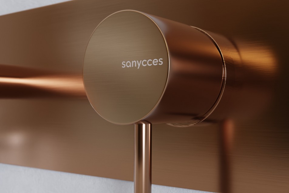 Wall-mounted mixer LOOP copper (or rose gold) brushed close-up view