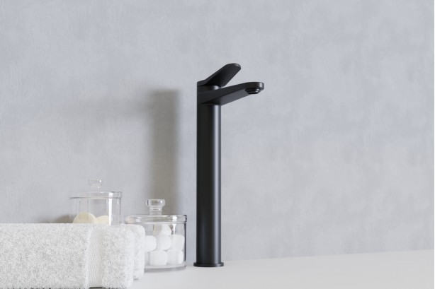 Wall-mounted designer faucet AIR Matte Black high model side view