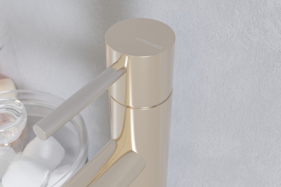 Designer single lever mixer LOOP brushed gold close-up view
