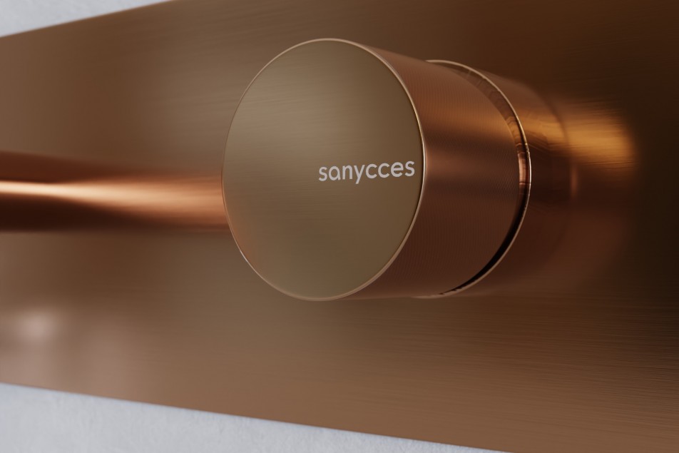 LOOP K wall-mounted mixer on brushed copper (or rose gold) plate Sanycces close-up view