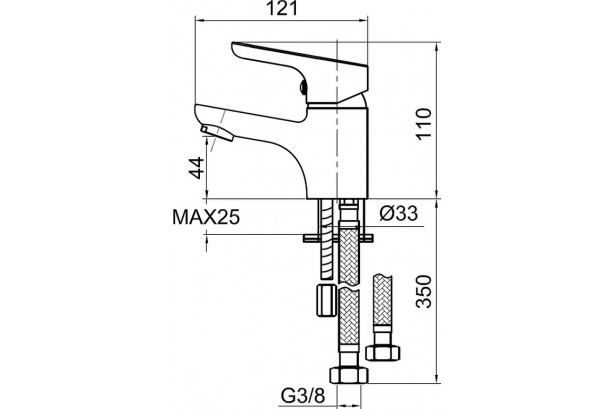 Technical drawing of the Kramer® Chrome hand-washing basin mixer hot-cold water