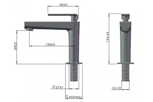 Technical drawing of the Kramer® chrome-white wash-hand basin single design tap