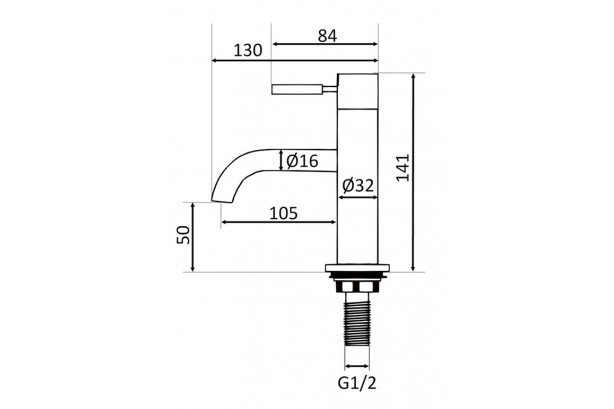 Technical drawing for simple designer taps Kramer® chrome washbasin